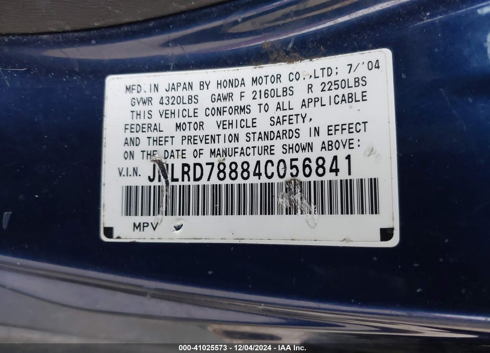 2004 HONDA CR-V EX VIN: JHLRD78884C056841