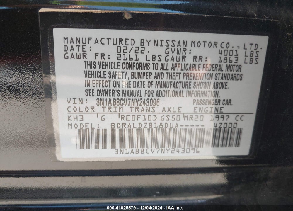 2022 NISSAN SENTRA SV XTRONIC CVT VIN: 3N1AB8CV7NY243096