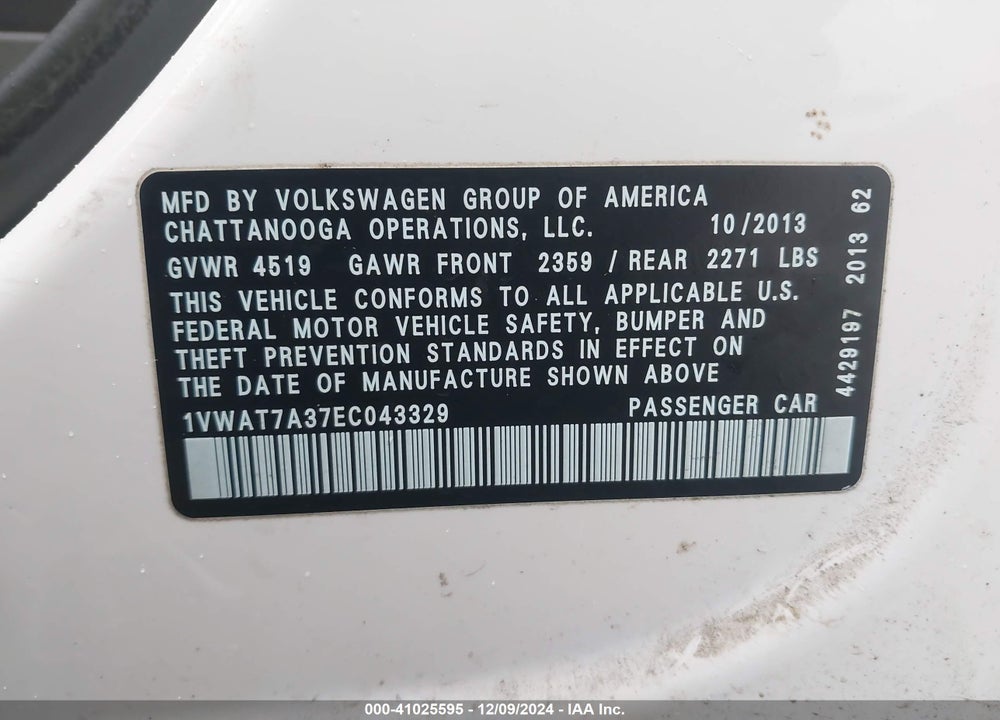 2014 VOLKSWAGEN PASSAT 1.8T S VIN: 1VWAT7A37EC043329