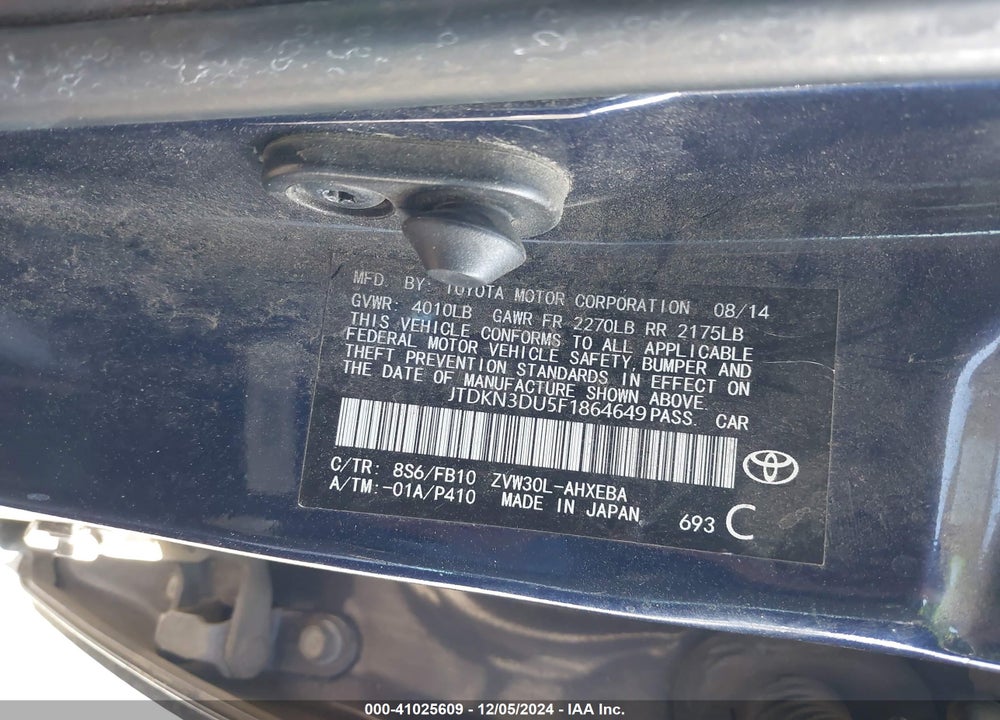 2015 TOYOTA PRIUS VIN: JTDKN3DU5F1864649