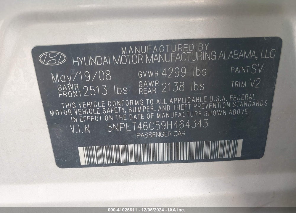 2009 HYUNDAI SONATA GLS VIN: 5NPET46C59H464343