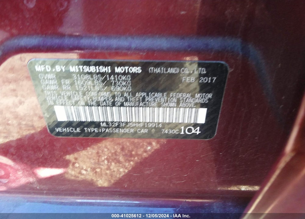 2017 MITSUBISHI MIRAGE G4 ES VIN: ML32F3FJ5HHF19914
