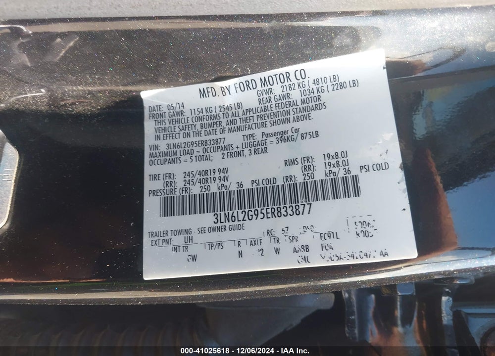 2014 LINCOLN MKZ VIN: 3LN6L2G95ER833877