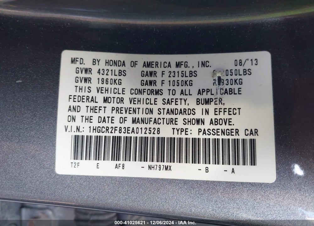 2014 HONDA ACCORD EX-L VIN: 1HGCR2F83EA012528