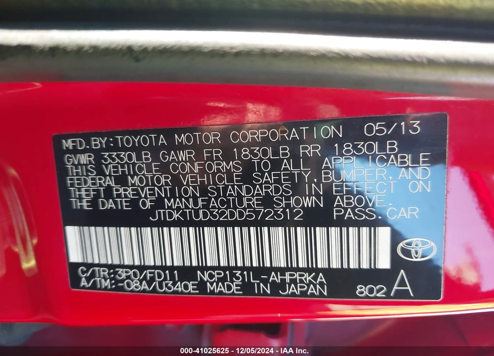 2013 TOYOTA YARIS SE VIN: JTDKTUD32DD572312