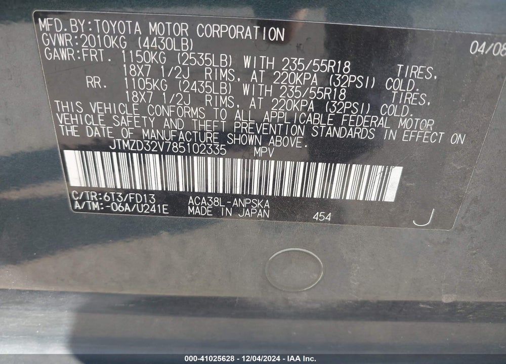 2008 TOYOTA RAV4 SPORT VIN: JTMZD32V785102335