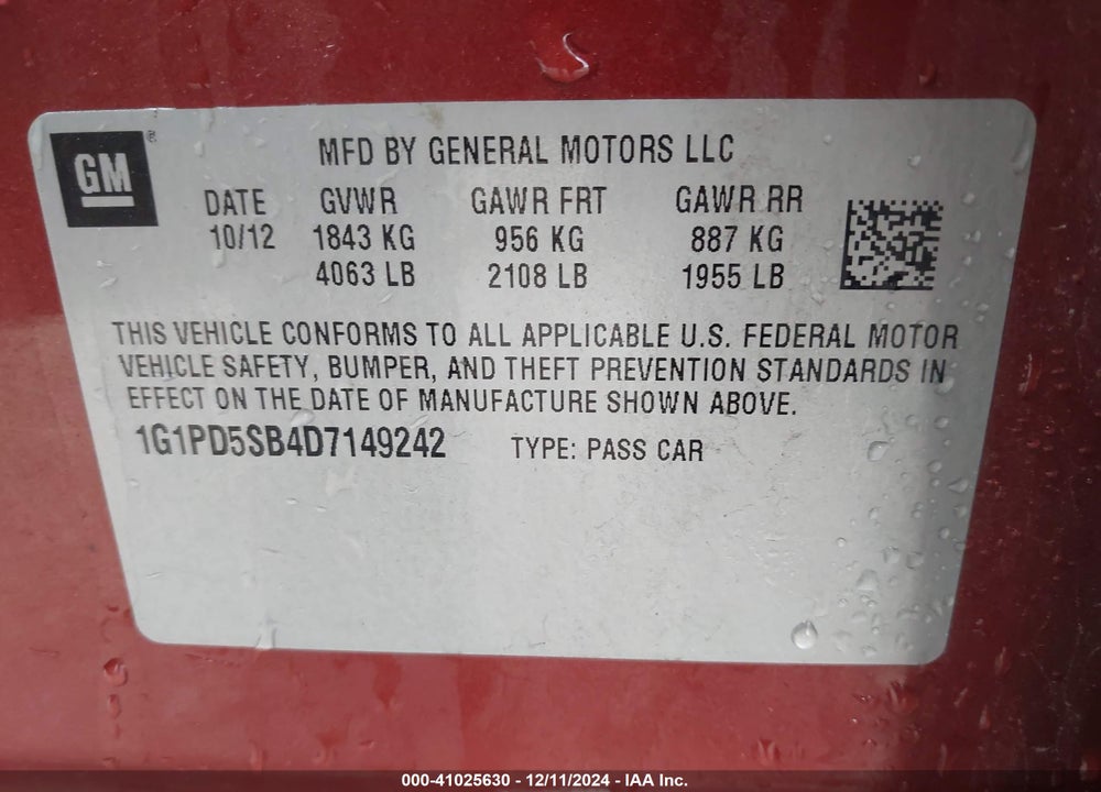2013 CHEVROLET CRUZE VIN: 1G1PD5SB4D7149242