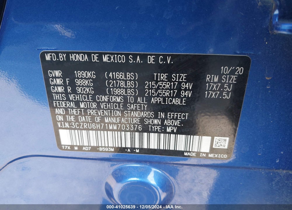 2021 HONDA HR-V AWD EX-L VIN: 3CZRU6H71MM703376