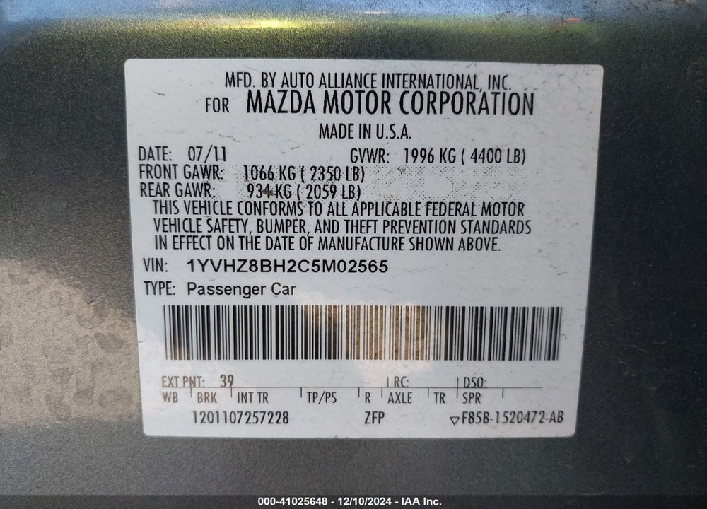 2012 MAZDA 6 I SPORT VIN: 1YVHZ8BH2C5M02565