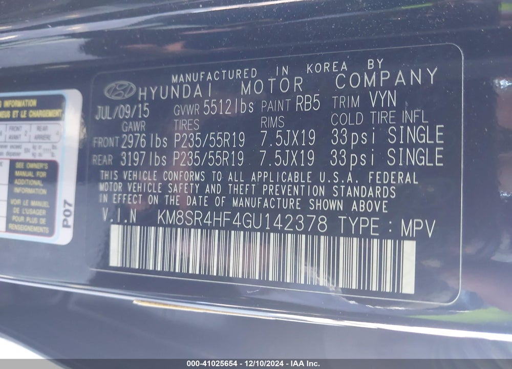 2016 HYUNDAI SANTA FE LIMITED VIN: KM8SR4HF4GU142378