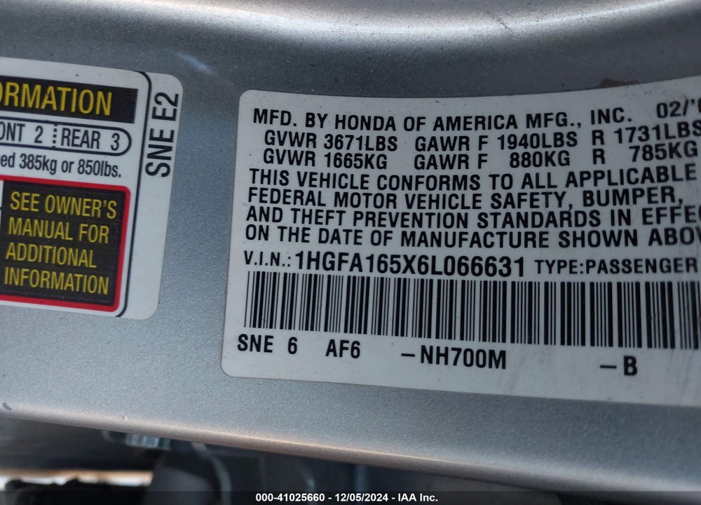 2006 HONDA CIVIC LX VIN: 1HGFA165X6L066631