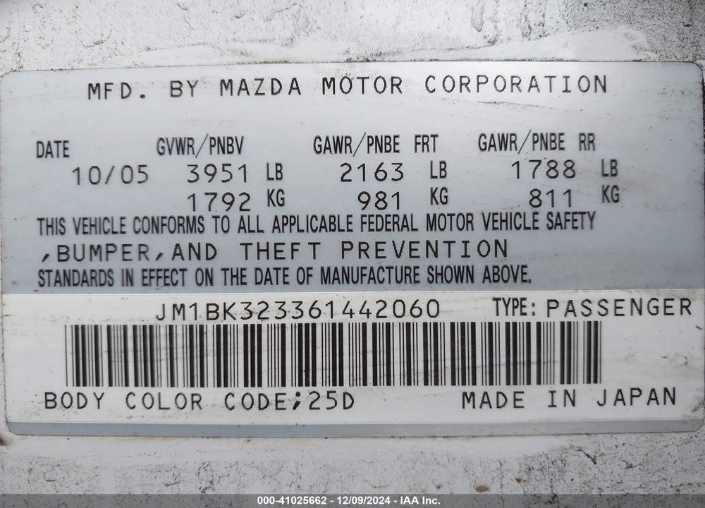 2006 MAZDA 3 S VIN: JM1BK323361442060