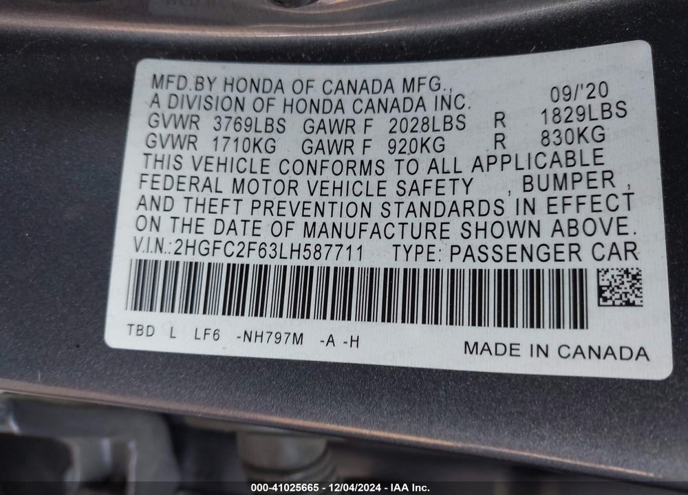2020 HONDA CIVIC LX VIN: 2HGFC2F63LH587711