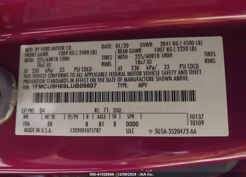 2020 FORD ESCAPE SEL VIN: 1FMCU9H69LUB09807