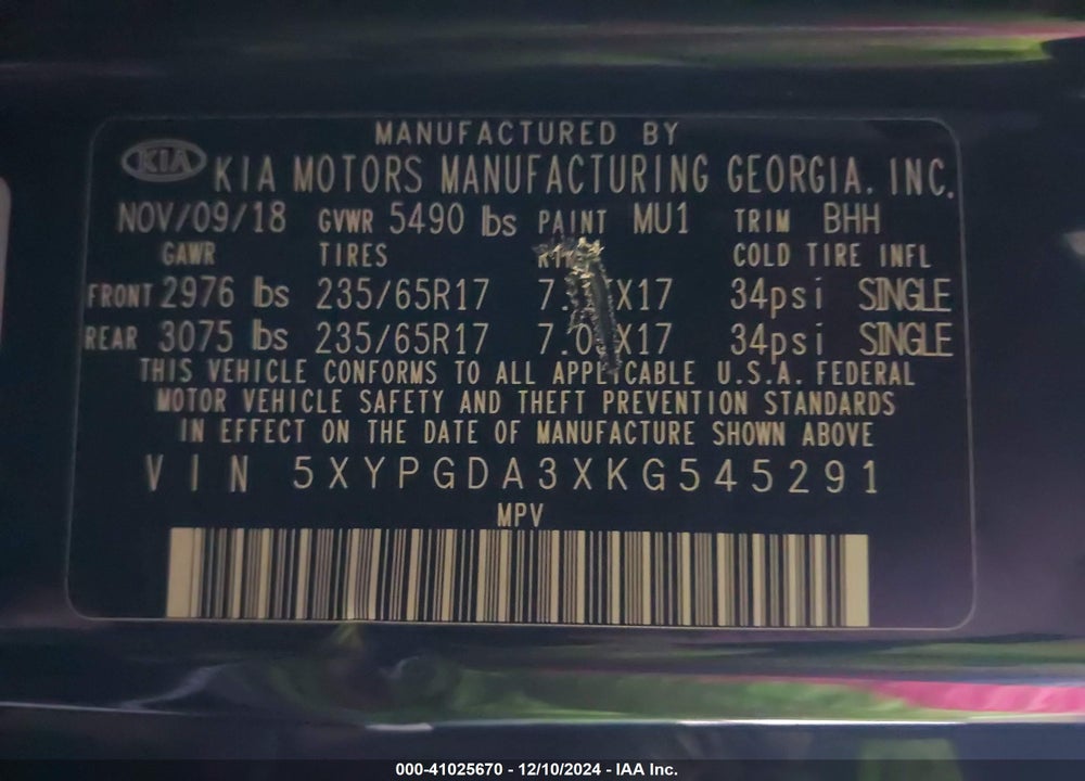 2019 KIA SORENTO 2.4L LX VIN: 5XYPGDA3XKG545291