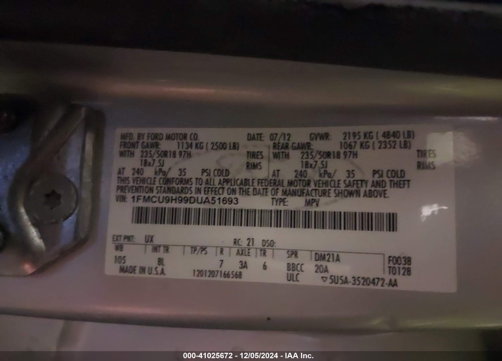 2013 FORD ESCAPE SEL VIN: 1FMCU9H99DUA51693