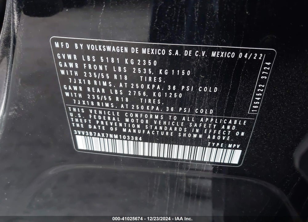 2022 VOLKSWAGEN TIGUAN 2.0T SE VIN: 3VV3B7AX7NM103384