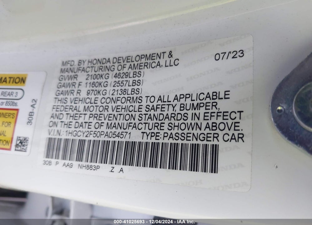 2023 HONDA ACCORD HYBRID SPORT VIN: 1HGCY2F50PA054571