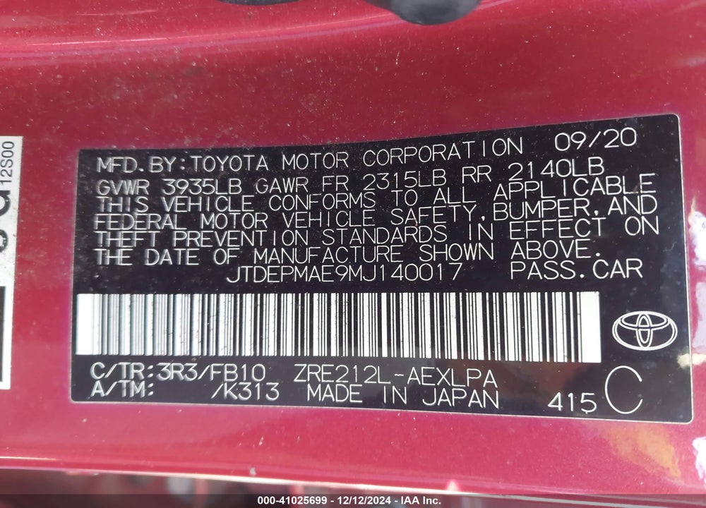 2021 TOYOTA COROLLA VIN: JTDEPMAE9MJ140017