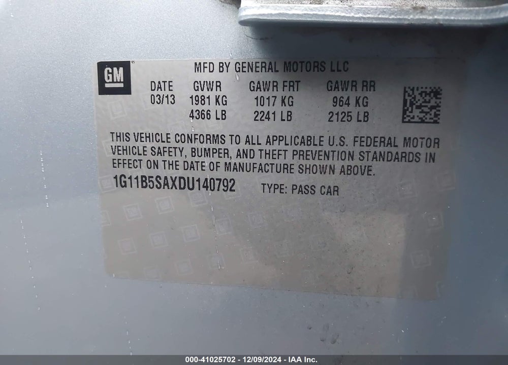 2013 CHEVROLET MALIBU 1LS VIN: 1G11B5SAXDU140792