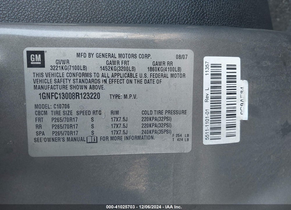 2008 CHEVROLET TAHOE LT VIN: 1GNFC13008R123220