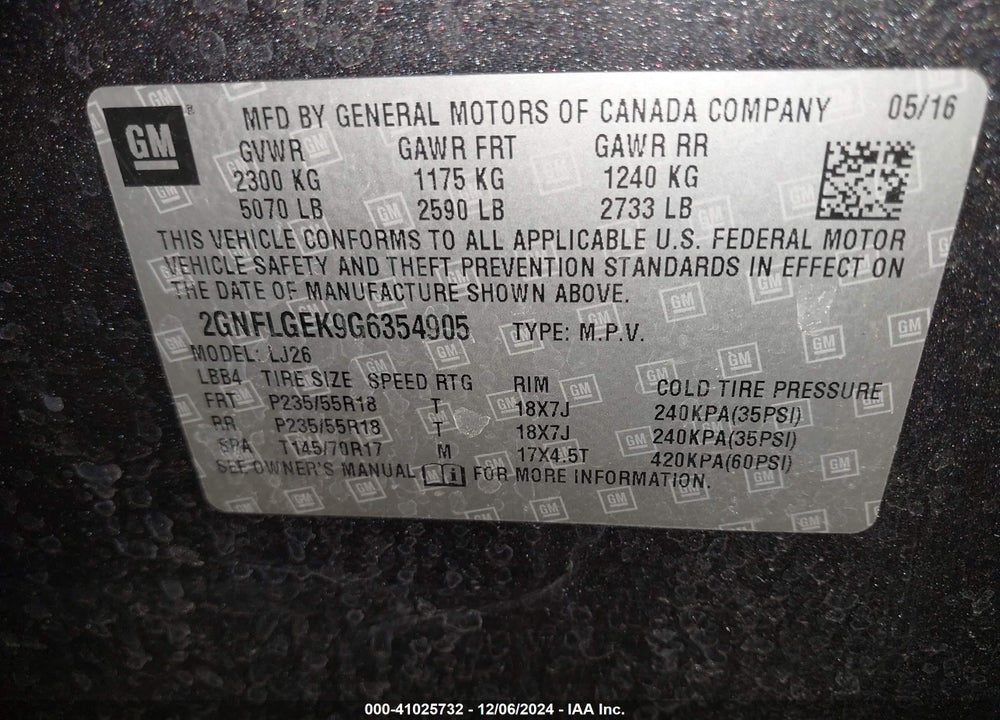 2016 CHEVROLET EQUINOX LTZ VIN: 2GNFLGEK9G6354905