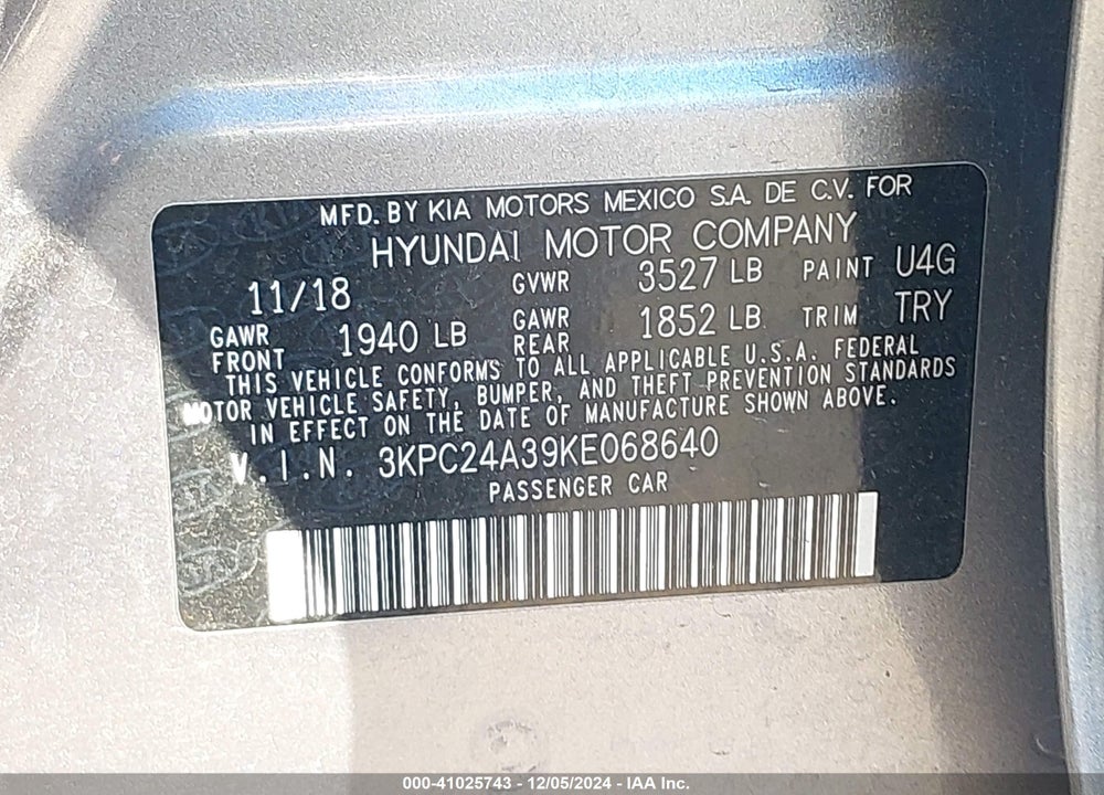 2019 HYUNDAI ACCENT SE VIN: 3KPC24A39KE068640