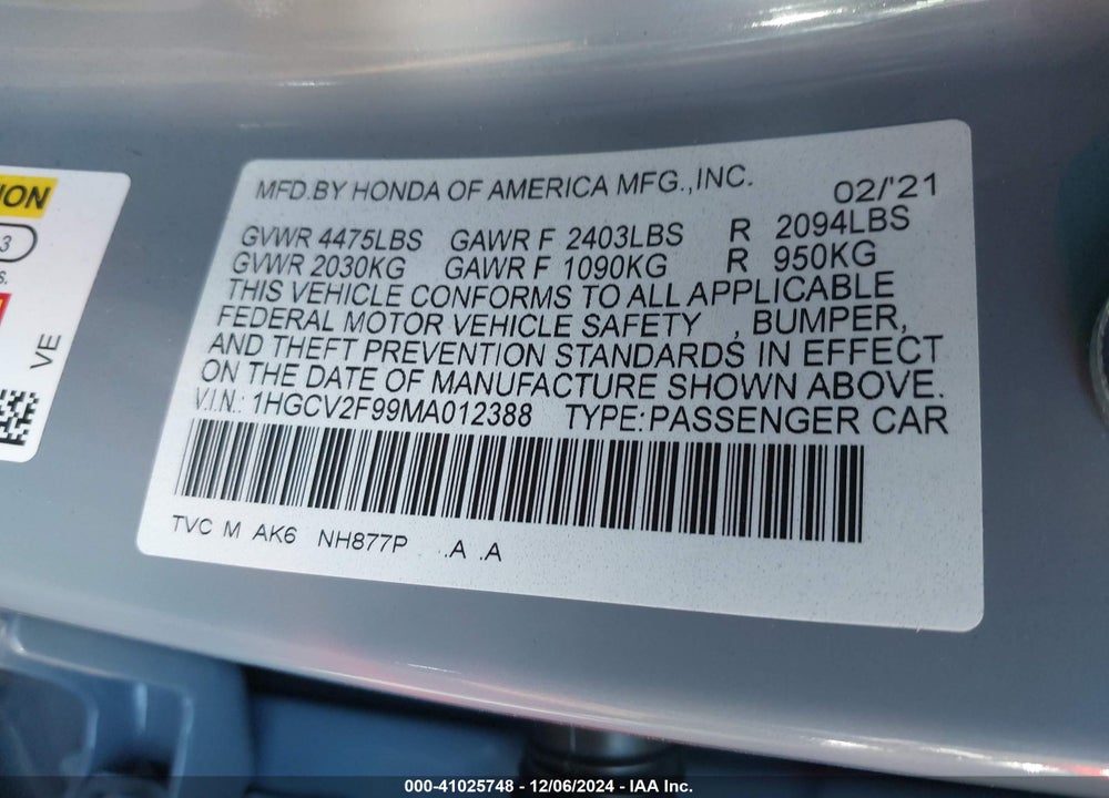 2021 HONDA ACCORD TOURING VIN: 1HGCV2F99MA012388