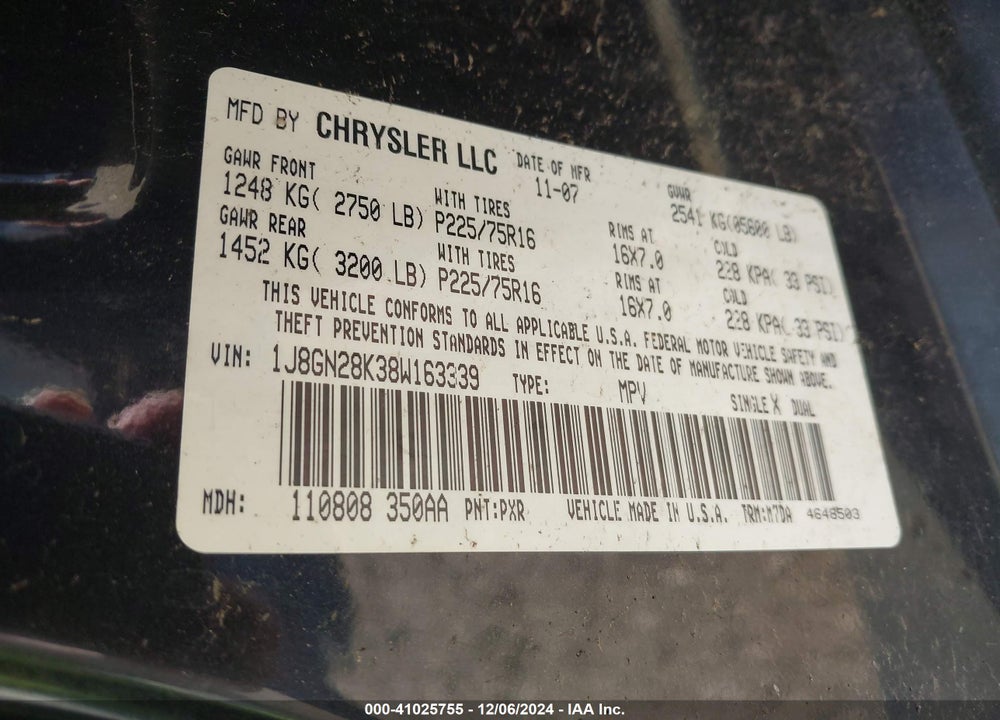 2008 JEEP LIBERTY SPORT VIN: 1J8GN28K38W163339