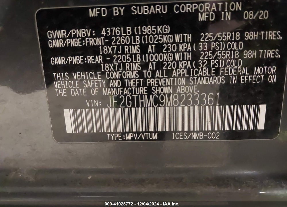2021 SUBARU CROSSTREK LIMITED VIN: JF2GTHMC9M8233361