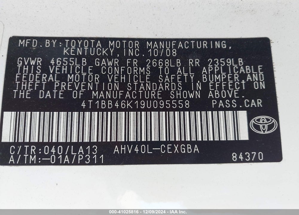 2009 TOYOTA CAMRY HYBRID VIN: 4T1BB46K19U095558