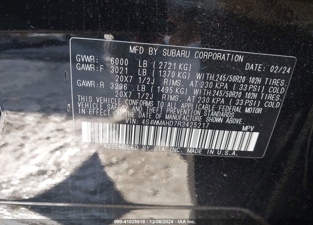 2024 SUBARU ASCENT ONYX EDITION 7-PASSENGER VIN: 4S4WMAHD7R3425217