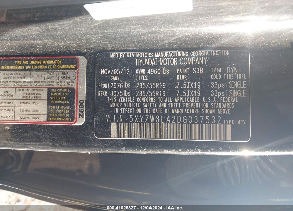 2013 HYUNDAI SANTA FE SPORT 2.0T VIN: 5XYZW3LA2DG037532