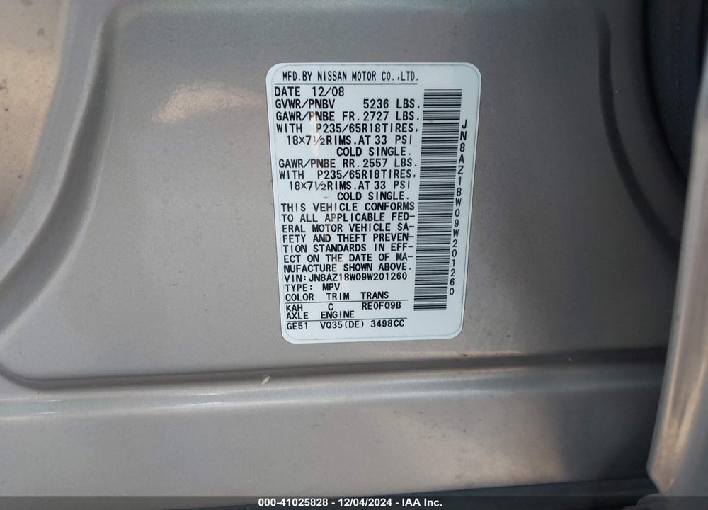 2009 NISSAN MURANO S VIN: JN8AZ18W09W201260