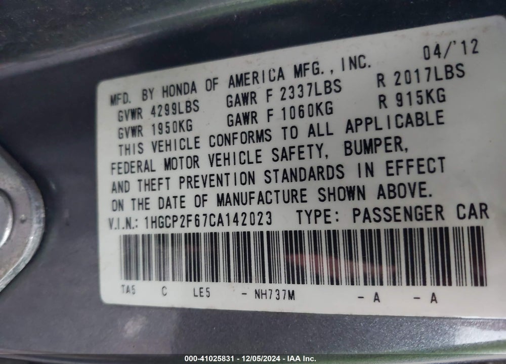 2012 HONDA ACCORD 2.4 SE VIN: 1HGCP2F67CA142023