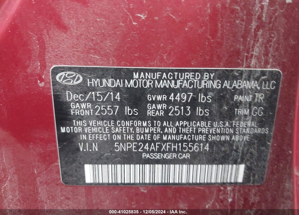 2015 HYUNDAI SONATA SE VIN: 5NPE24AFXFH155614