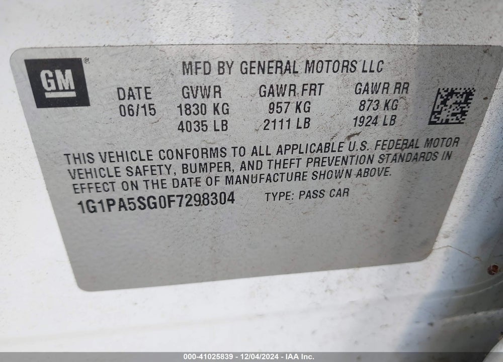 2015 CHEVROLET CRUZE LS AUTO VIN: 1G1PA5SG0F7298304