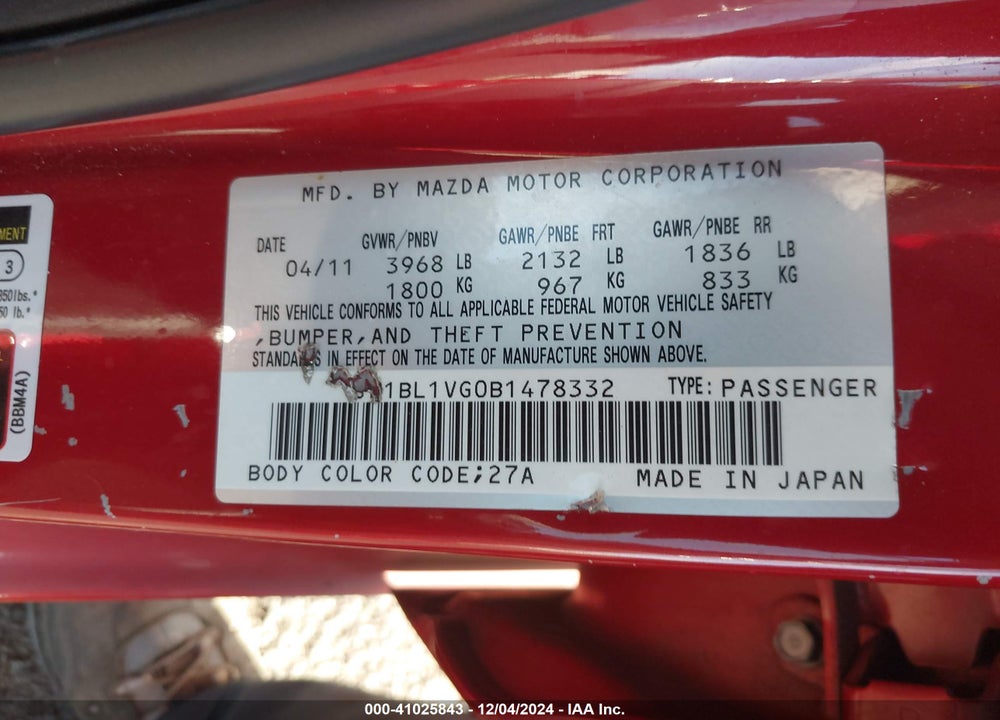 2011 MAZDA 3 I TOURING VIN: JM1BL1VG0B1478332
