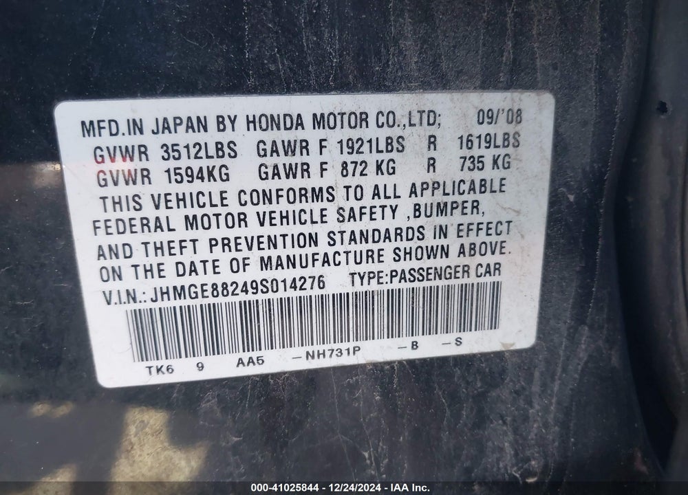 2009 HONDA FIT VIN: JHMGE88249S014276