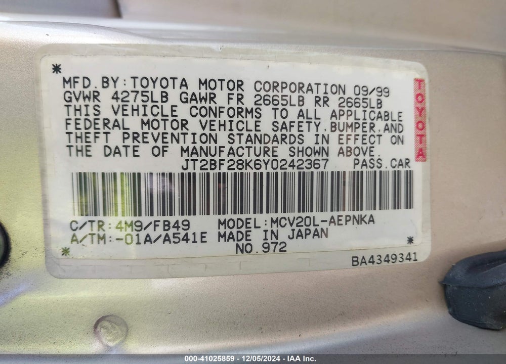 2000 TOYOTA CAMRY LE V6 VIN: JT2BF28K6Y0242367