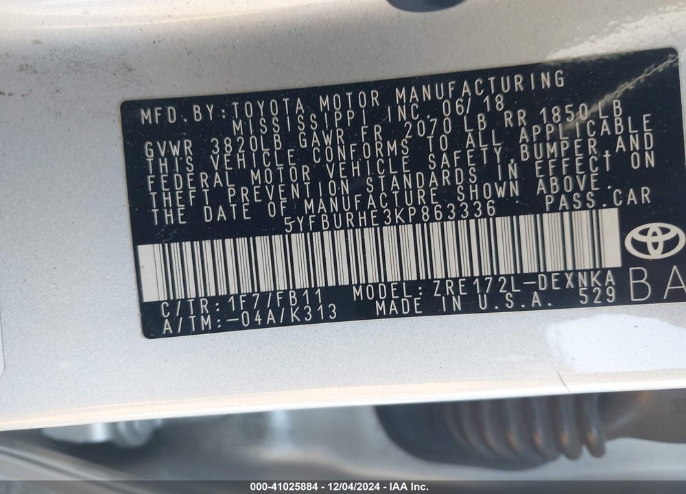 2019 TOYOTA COROLLA LE VIN: 5YFBURHE3KP863336