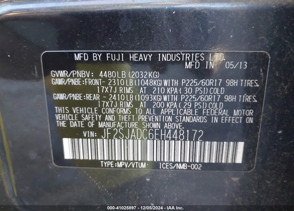 2014 SUBARU FORESTER 2.5I PREMIUM VIN: JF2SJADC6EH448172