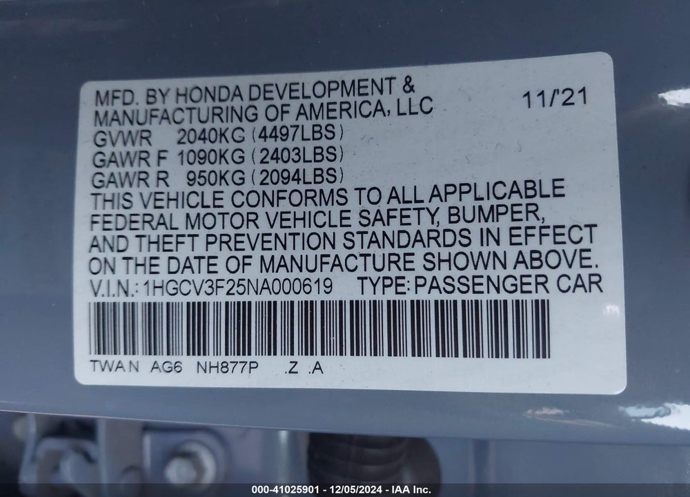 2022 HONDA ACCORD HYBRID SPORT VIN: 1HGCV3F25NA000619