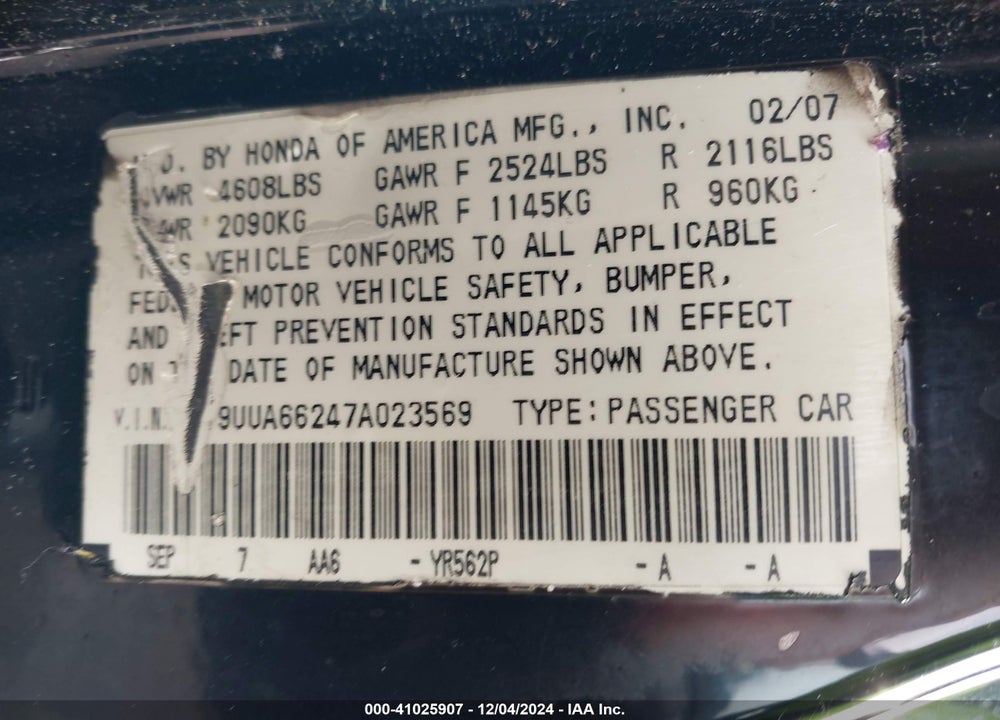 2007 ACURA TL 3.2 VIN: 19UUA66247A023569