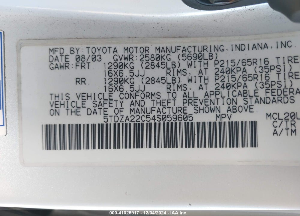 2004 TOYOTA SIENNA XLE VIN: 5TDZA22C54S059605