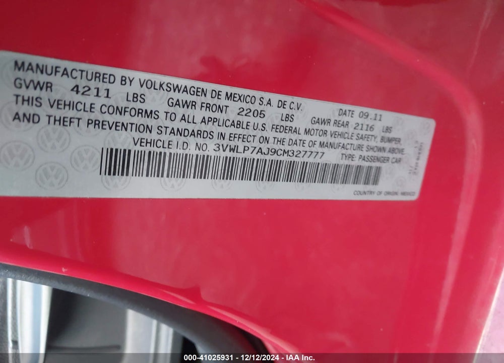 2012 VOLKSWAGEN JETTA 2.5L SEL VIN: 3VWLP7AJ9CM327777