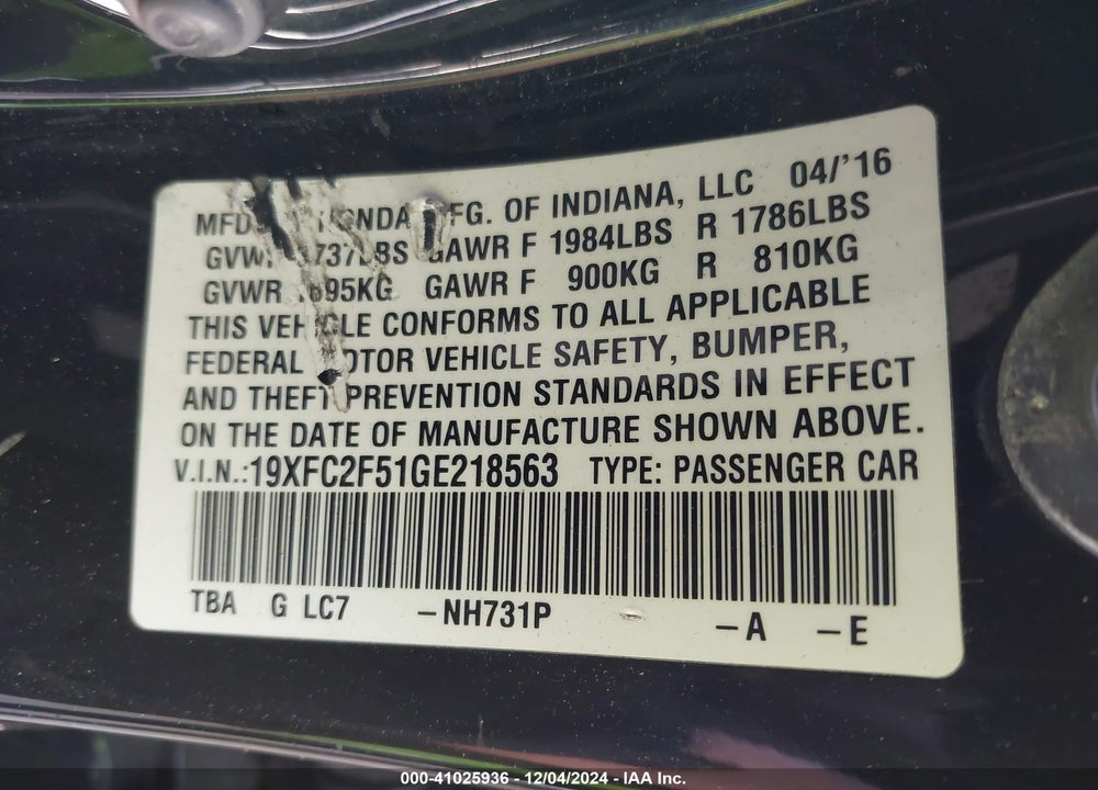 2016 HONDA CIVIC LX VIN: 19XFC2F51GE218563