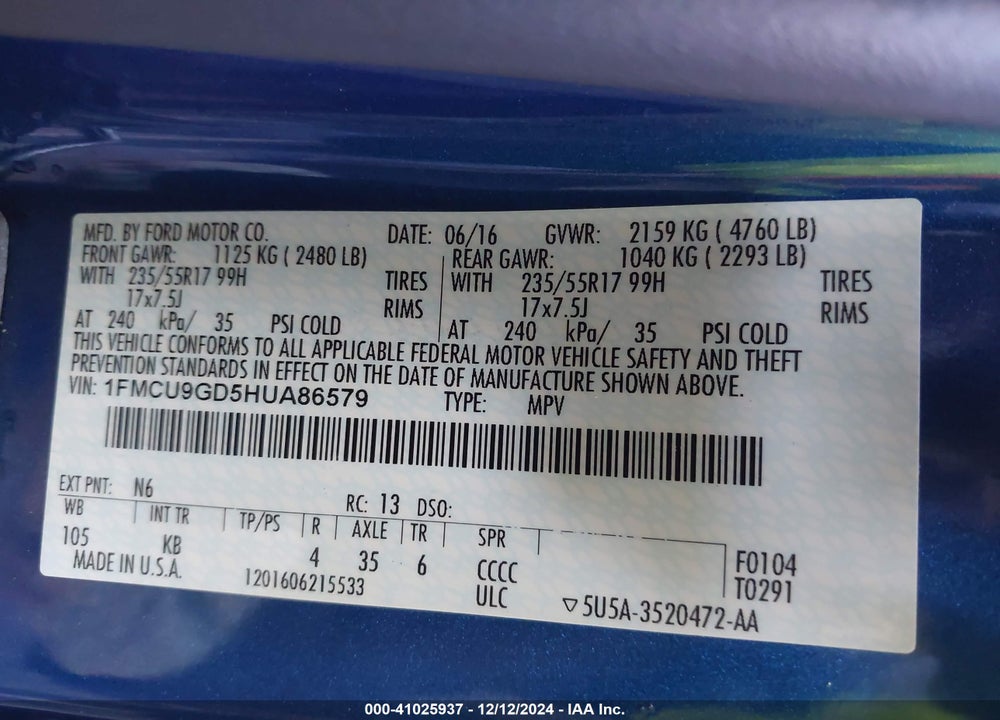2017 FORD ESCAPE SE VIN: 1FMCU9GD5HUA86579