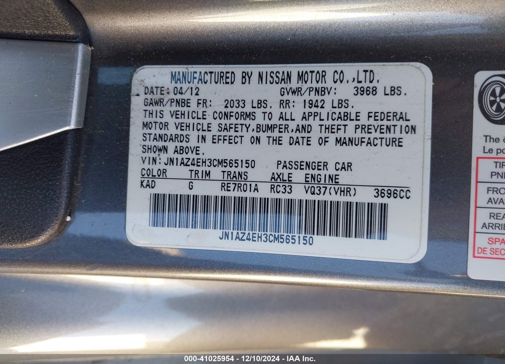 2012 NISSAN 370Z TOURING VIN: JN1AZ4EH3CM565150