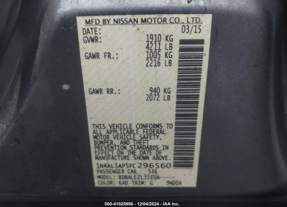 2015 NISSAN ALTIMA 2.5/2.5 S/2.5 SL/2.5 SV VIN: 1N4AL3AP5FC296560